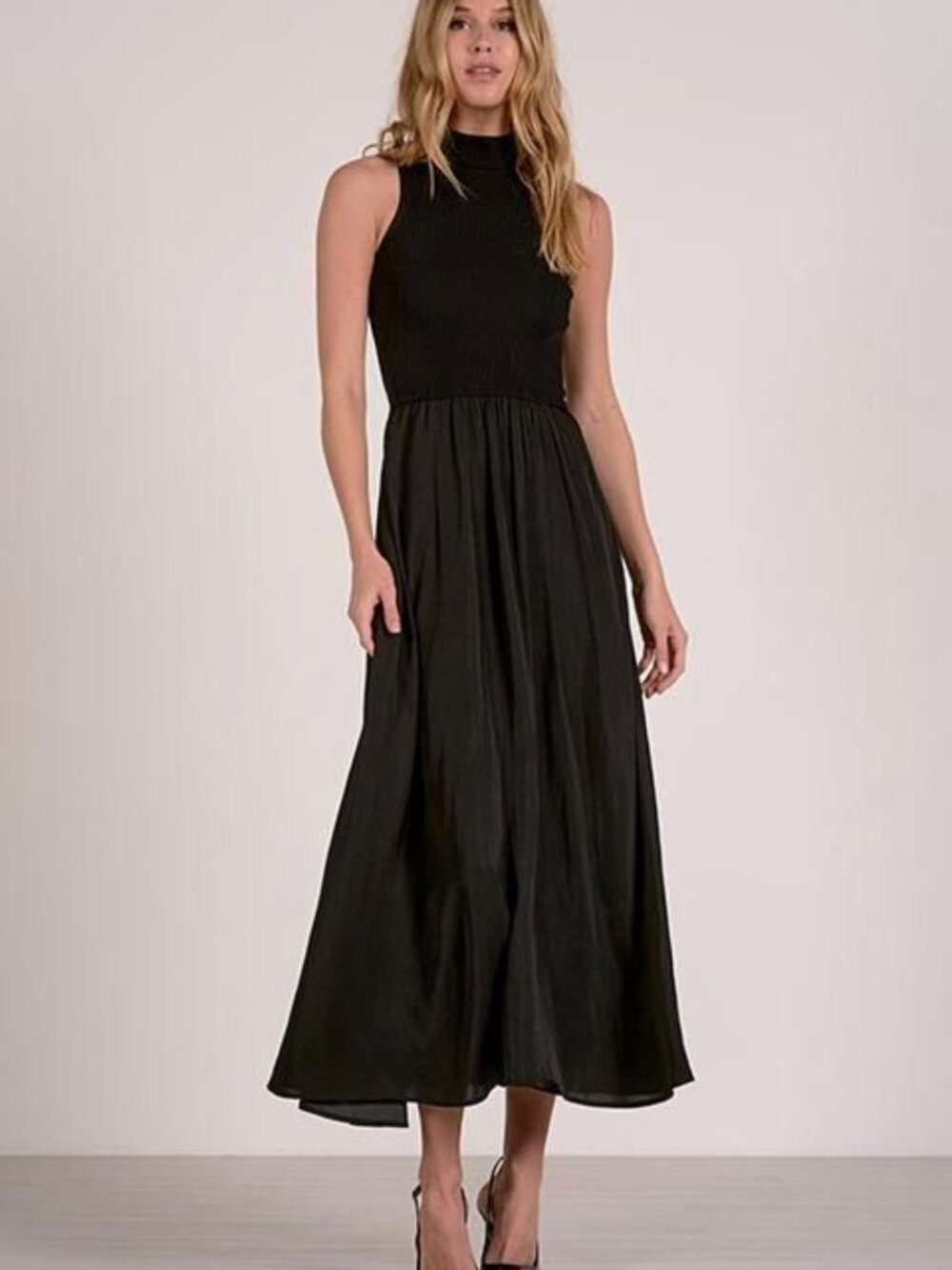 NWT Elan Sleeveless Mock Neck Mixed Media Maxi Dress in Black/ M